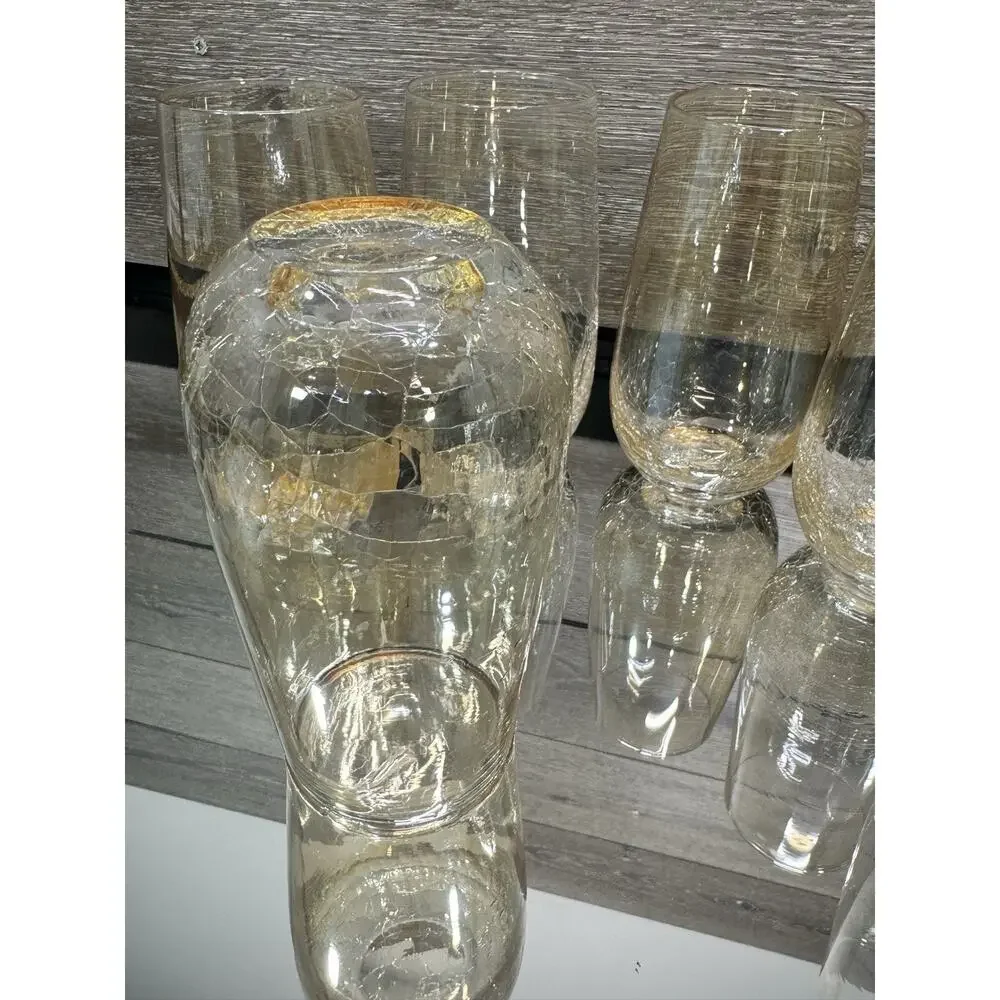 Pier 1 Amber Crackle Glass Tumblers High Ball Glasses 6” Tall~set Of 6